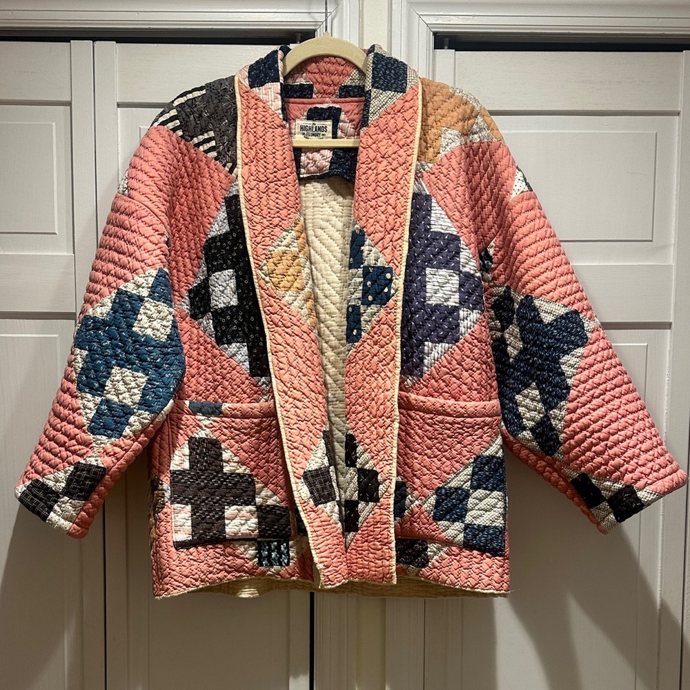 Highlands Foundry Made in New York Pink Navy Patchwork Vintage Quilted Jacket OS